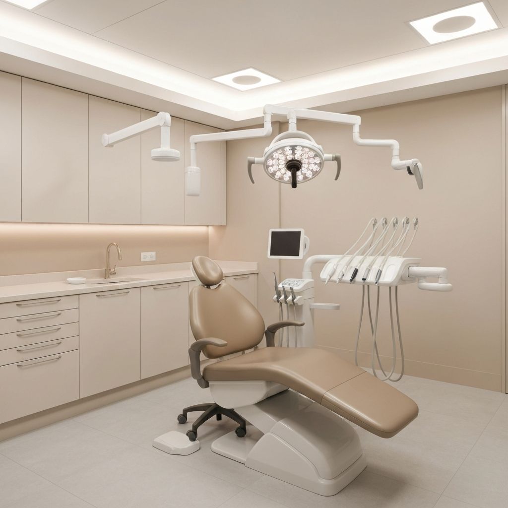 Consultório odontológico premium com cadeira e equipamentos sofisticados